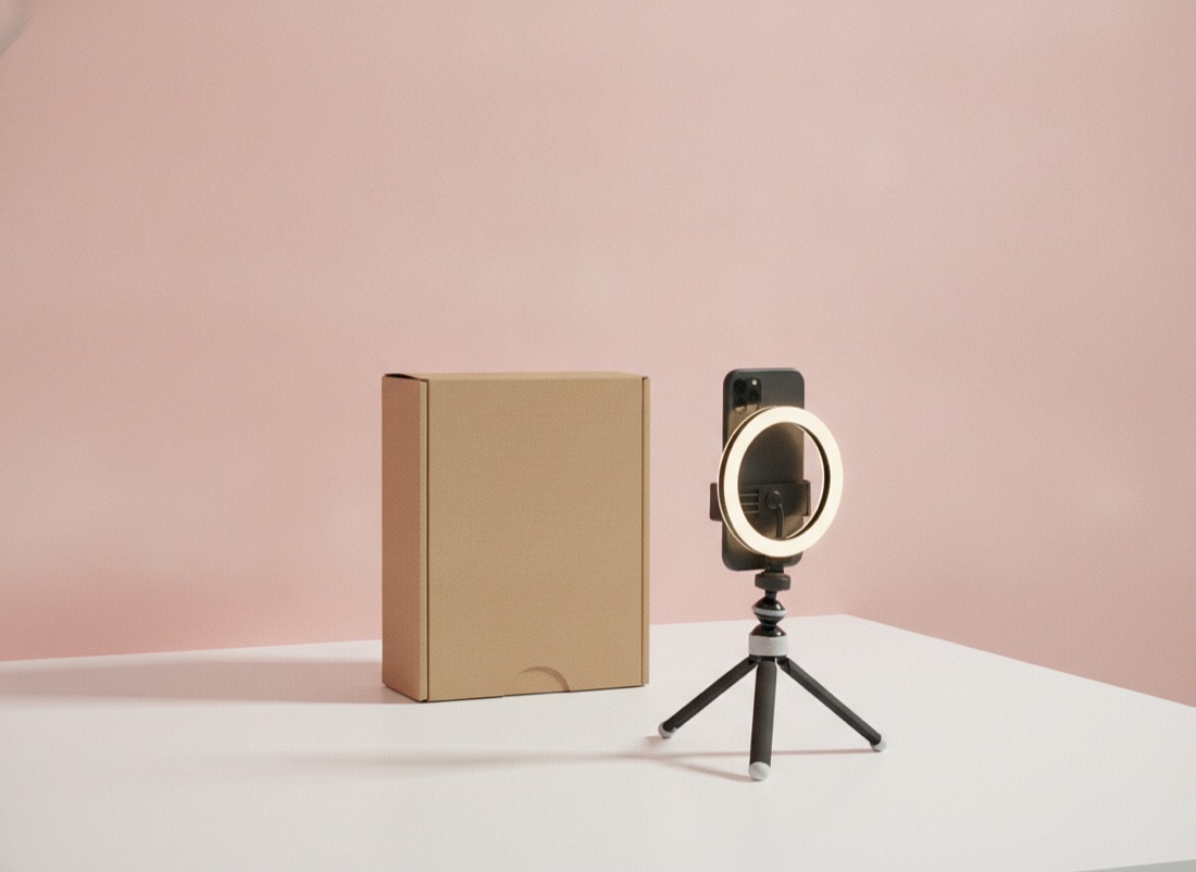 Phone on tripod with ring light filming a package