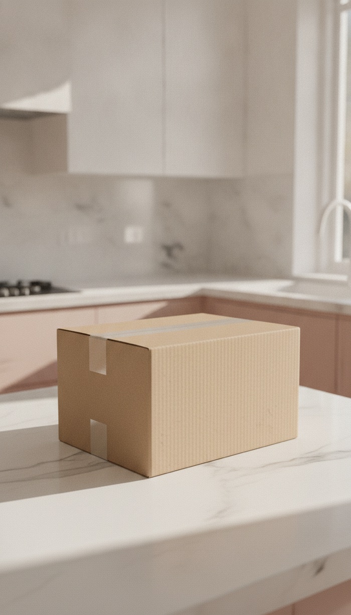 Package on a kitchen counter, TikTok-style frame