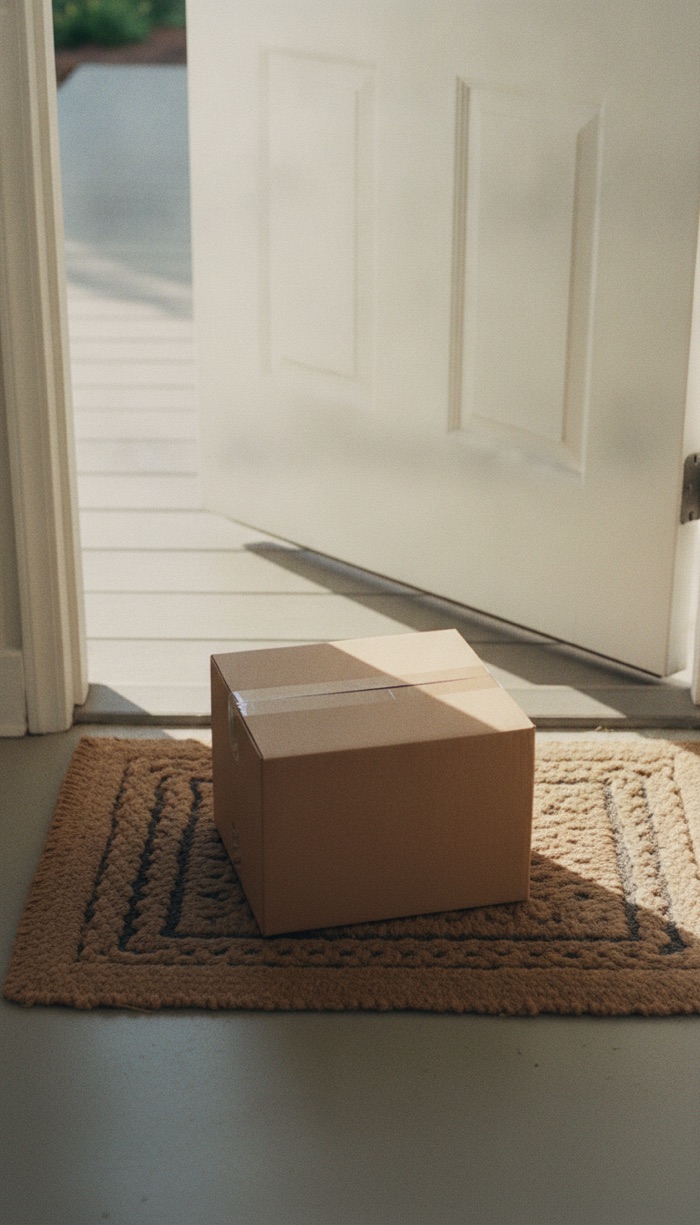 Package on a doormat in warm light